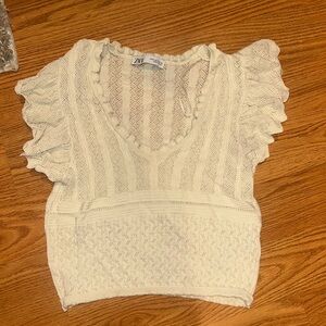 Zara Cream Knit Ruffle Sleeve Top